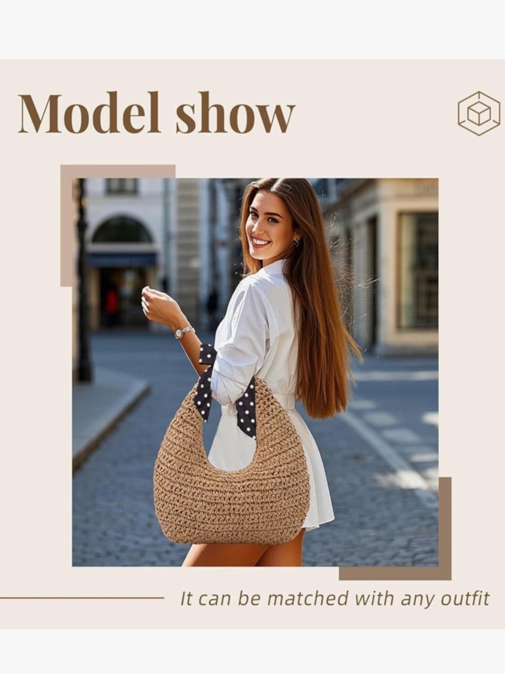 Straw Bag for Women, Summer Beach Tote Purse with Zipper, Raffia Woven Bag - Picture 7 of 7